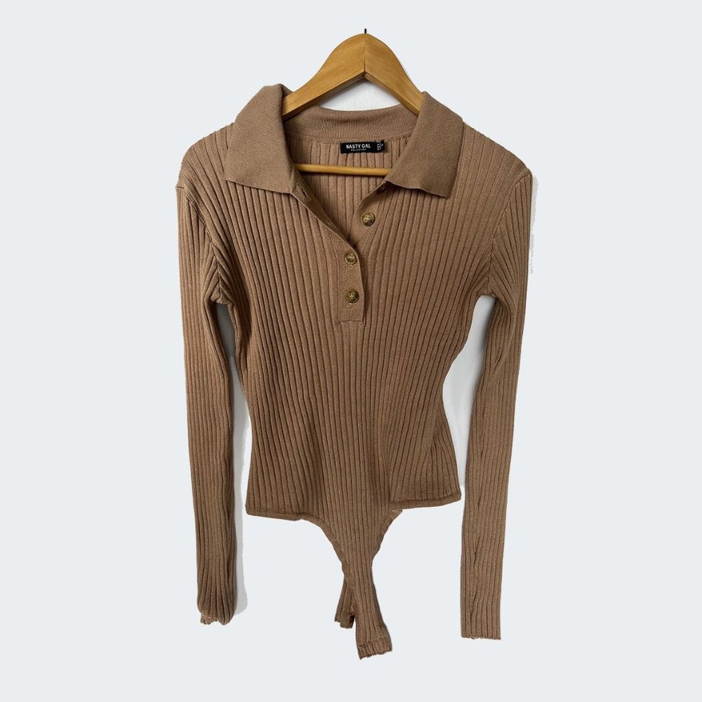 NASTY GAL LONG SLEEVE COLLARED BODY SUIT - TAN
